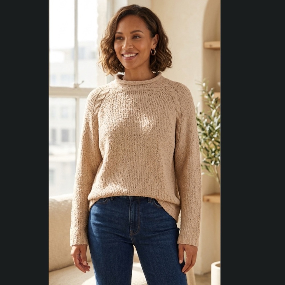 Claudia D. Chunky Knit Chenille Sweater, Tan/Beige, XL